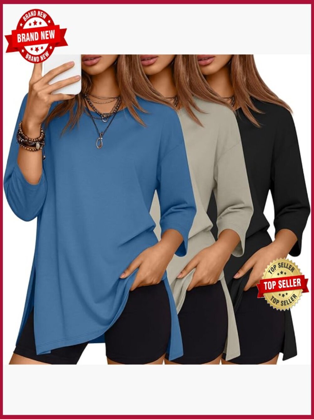 3 Pack Oversized 3/4 Sleeve T-Shirts Workout Tee Loose Side Split Casual